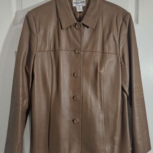 Pendleton Y2k Women's Medium Brown 100% Leather Jacket Five Button  2 Pocket.